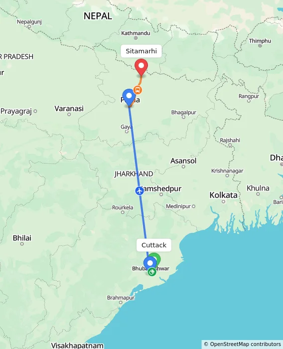 Route map showing distance and travel time from Cuttack, India to Sitamarhi, India