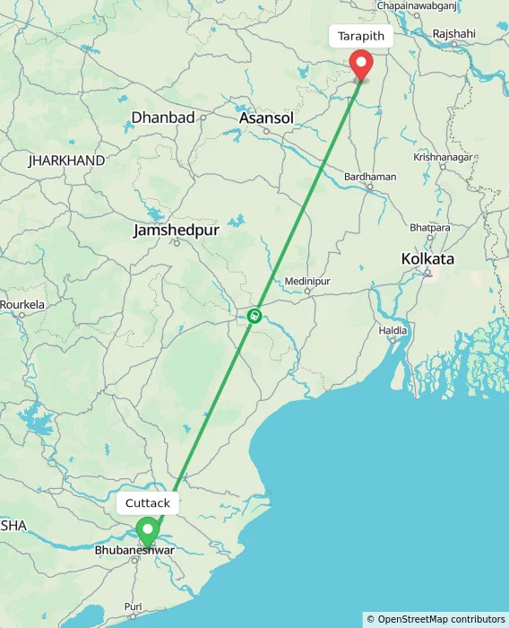 Route map showing distance and travel time from Cuttack, India to Tarapith, India