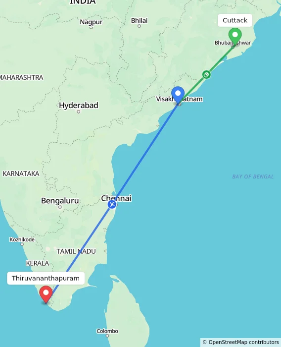 Route map showing distance and travel time from Cuttack, India to Thiruvananthapuram, India