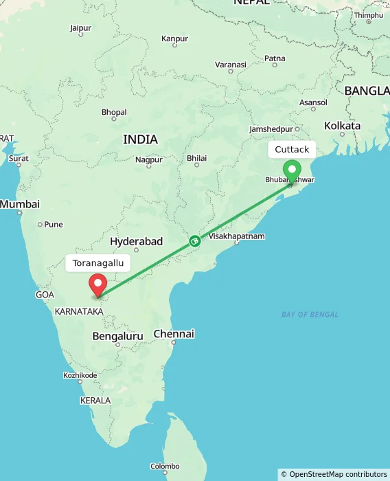 Route map showing distance and travel time from Cuttack, India to Toranagallu, India