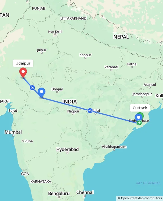 Route map showing distance and travel time from Cuttack, India to Udaipur, India