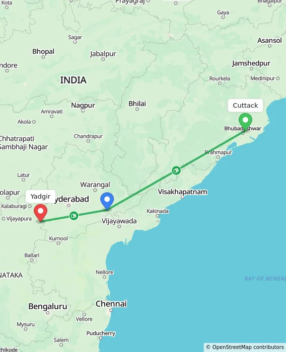 Route map showing distance and travel time from Cuttack, India to Yadgir, India
