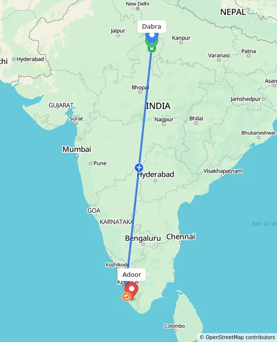 Route map showing distance and travel time from Dabra, India to Adoor, India