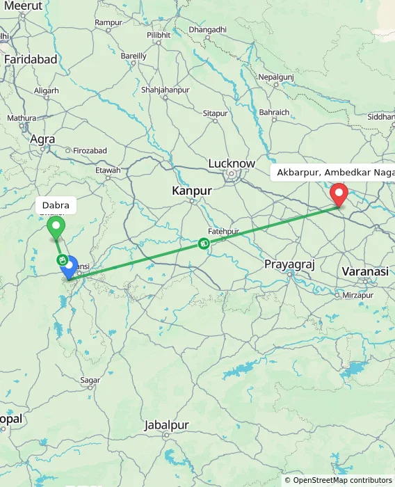 Route map showing distance and travel time from Dabra, India to Akbarpur, Ambedkar Nagar, India