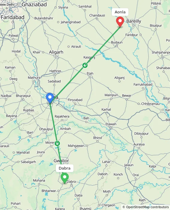 Route map showing distance and travel time from Dabra, India to Aonla, India