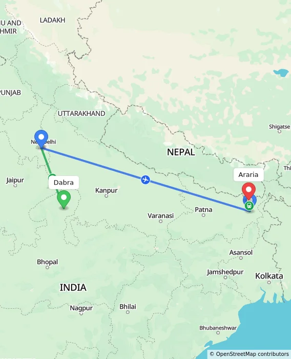 Route map showing distance and travel time from Dabra, India to Araria, India
