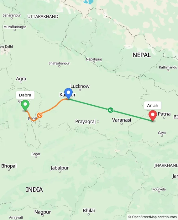 Route map showing distance and travel time from Dabra, India to Arrah, India