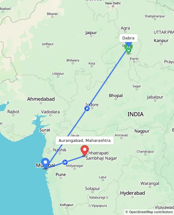 Route map showing distance and travel time from Dabra, India to Aurangabad, Maharashtra, India