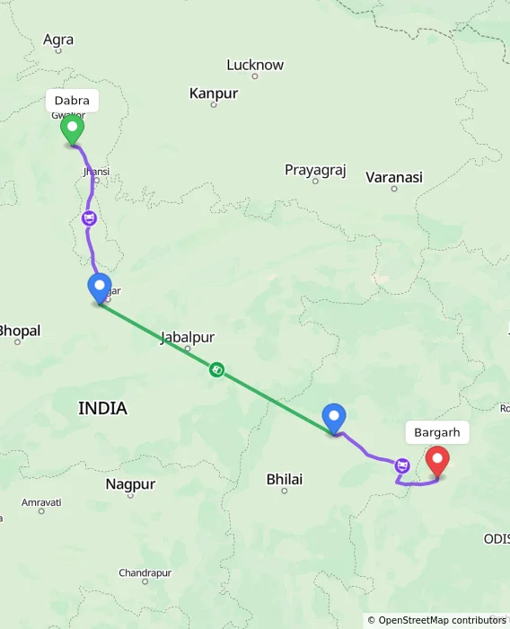 Route map showing distance and travel time from Dabra, India to Bargarh, India