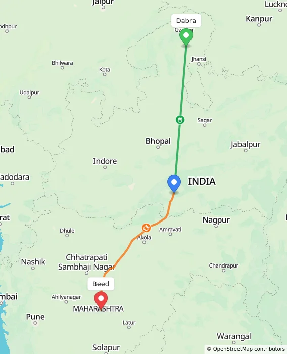 Route map showing distance and travel time from Dabra, India to Beed, India