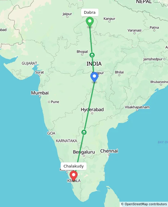 Route map showing distance and travel time from Dabra, India to Chalakudy, India