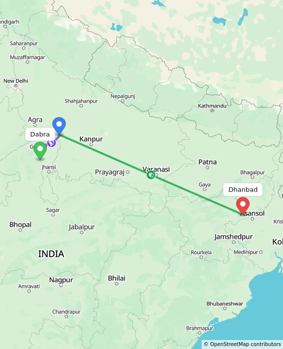 Route map showing distance and travel time from Dabra, India to Dhanbad, India