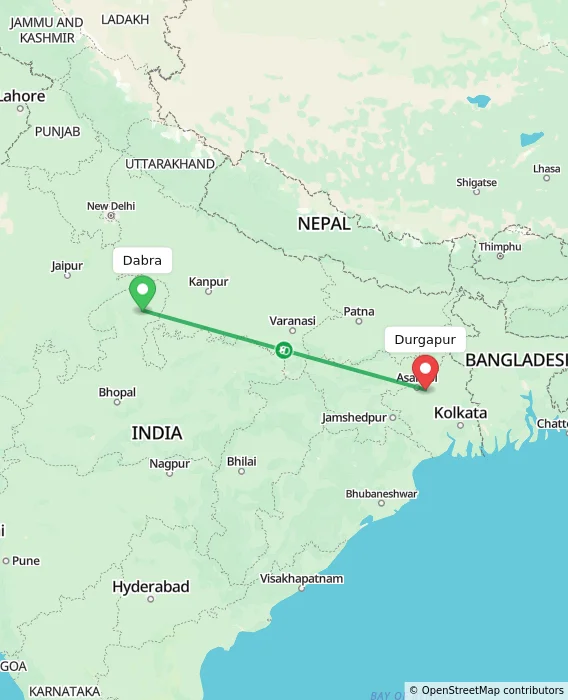 Route map showing distance and travel time from Dabra, India to Durgapur, India