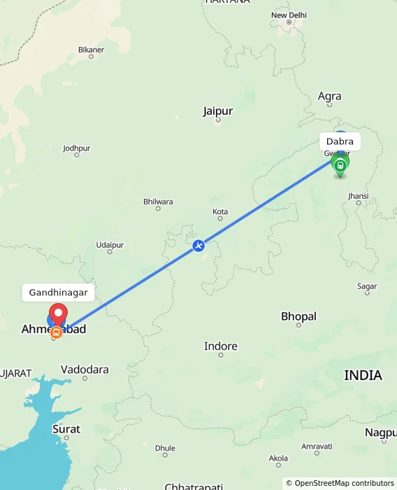 Route map showing distance and travel time from Dabra, India to Gandhinagar, India