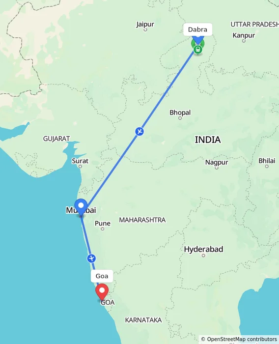 Route map showing distance and travel time from Dabra, India to Goa, India