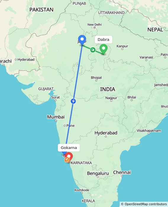 Route map showing distance and travel time from Dabra, India to Gokarna, India