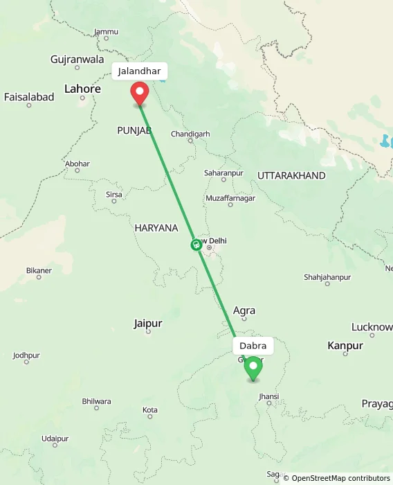 Route map showing distance and travel time from Dabra, India to Jalandhar, India