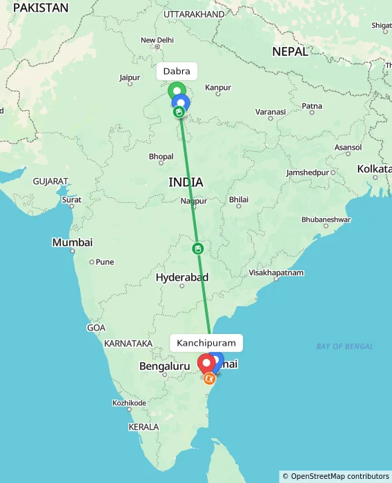 Route map showing distance and travel time from Dabra, India to Kanchipuram, India