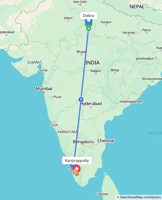 Route map showing distance and travel time from Dabra, India to Kanjirappally, India