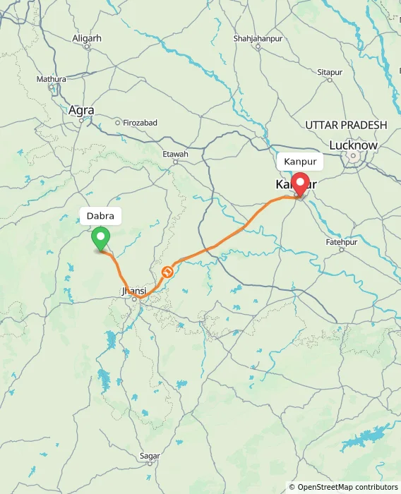 Route map showing distance and travel time from Dabra, India to Kanpur, India