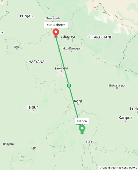 Route map showing distance and travel time from Dabra, India to Kurukshetra, India