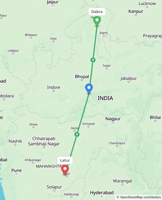 Route map showing distance and travel time from Dabra, India to Latur, India