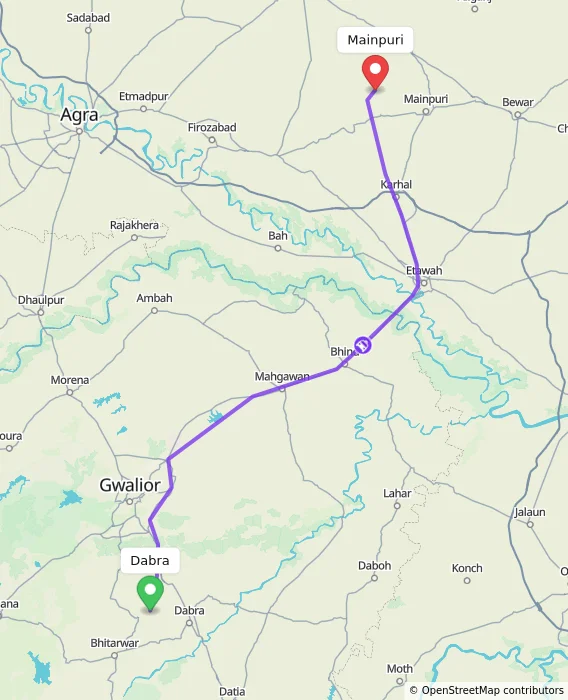 Route map showing distance and travel time from Dabra, India to Mainpuri, India