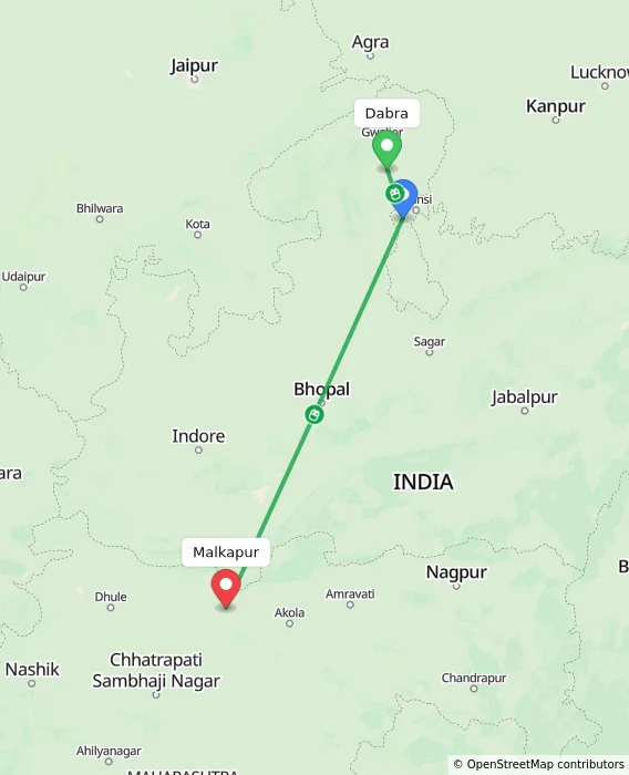 Route map showing distance and travel time from Dabra, India to Malkapur, India