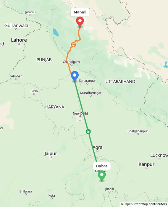 Route map showing distance and travel time from Dabra, India to Manali, India
