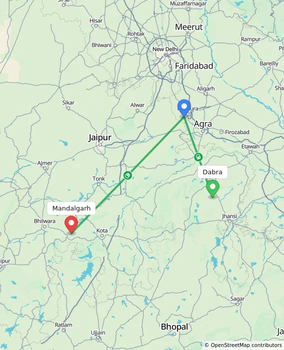 Route map showing distance and travel time from Dabra, India to Mandalgarh, India