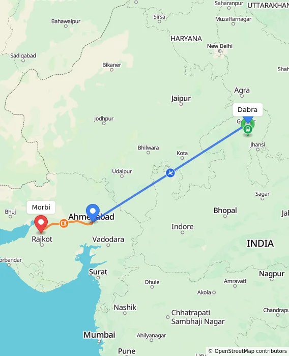 Route map showing distance and travel time from Dabra, India to Morbi, India