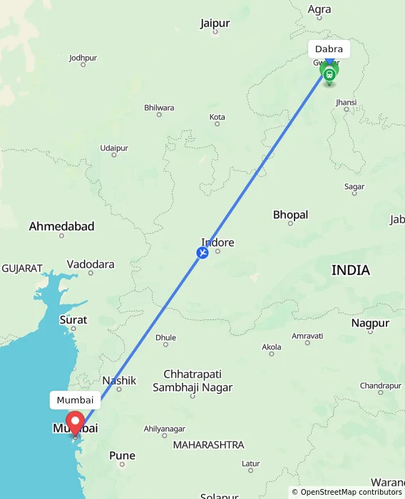 Route map showing distance and travel time from Dabra, India to Mumbai, India