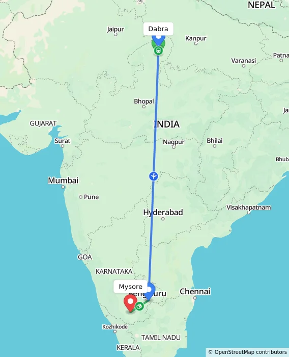 Route map showing distance and travel time from Dabra, India to Mysore, India
