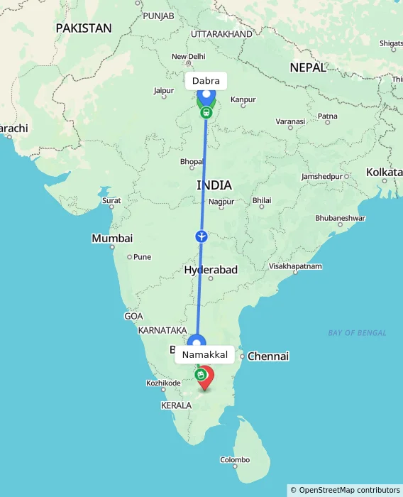 Route map showing distance and travel time from Dabra, India to Namakkal, India