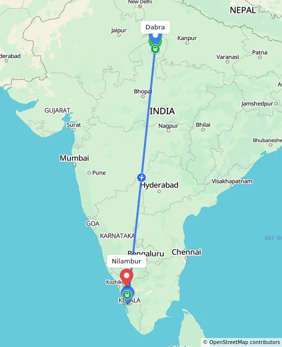 Route map showing distance and travel time from Dabra, India to Nilambur, India