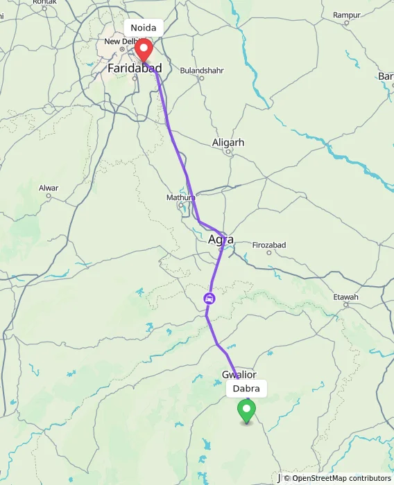 Route map showing distance and travel time from Dabra, India to Noida, India