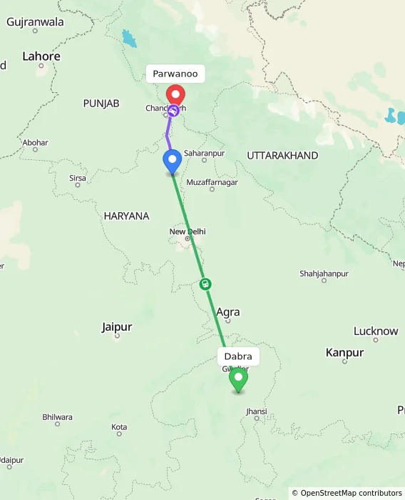 Route map showing distance and travel time from Dabra, India to Parwanoo, India