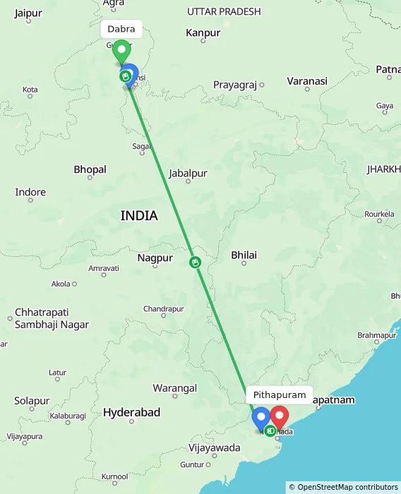 Route map showing distance and travel time from Dabra, India to Pithapuram, India