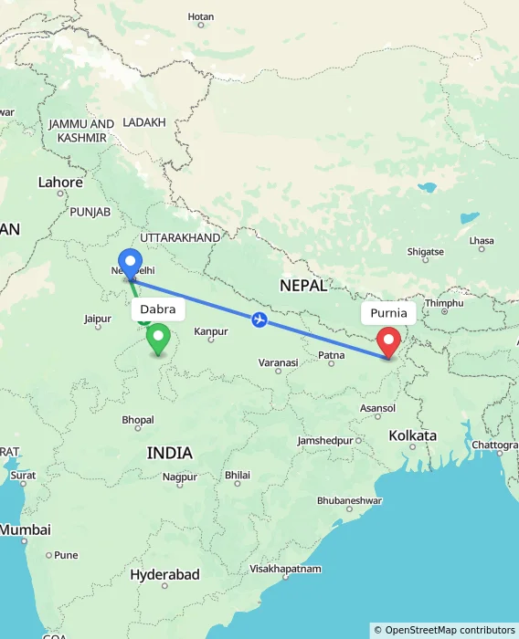Route map showing distance and travel time from Dabra, India to Purnia, India