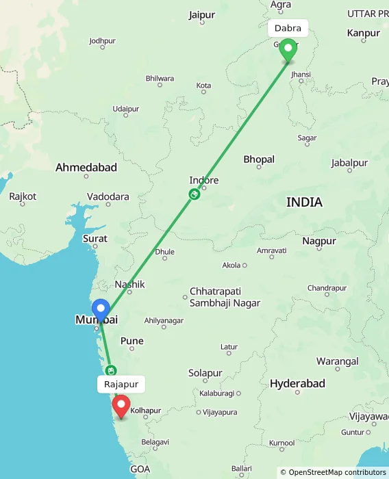 Route map showing distance and travel time from Dabra, India to Rajapur, India