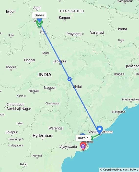 Route map showing distance and travel time from Dabra, India to Razole, India