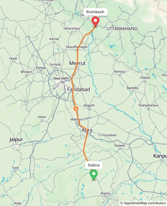 Route map showing distance and travel time from Dabra, India to Rishikesh, India