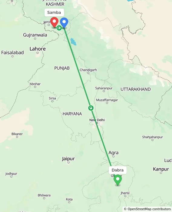 Route map showing distance and travel time from Dabra, India to Samba, India