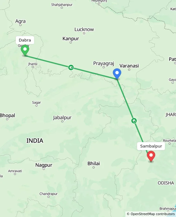 Route map showing distance and travel time from Dabra, India to Sambalpur, India