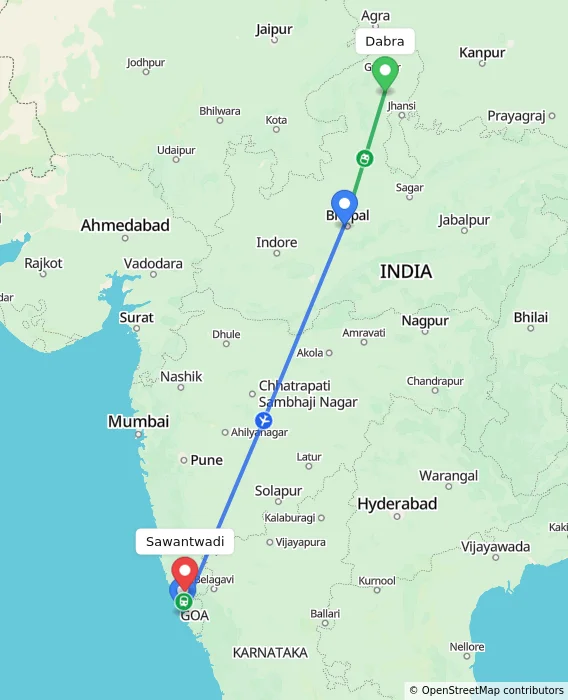Route map showing distance and travel time from Dabra, India to Sawantwadi, India