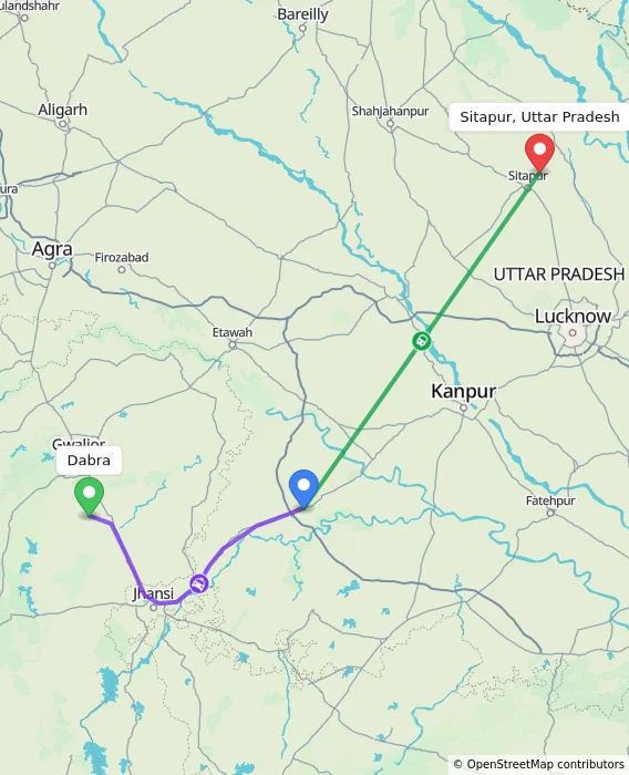 Route map showing distance and travel time from Dabra, India to Sitapur, Uttar Pradesh, India