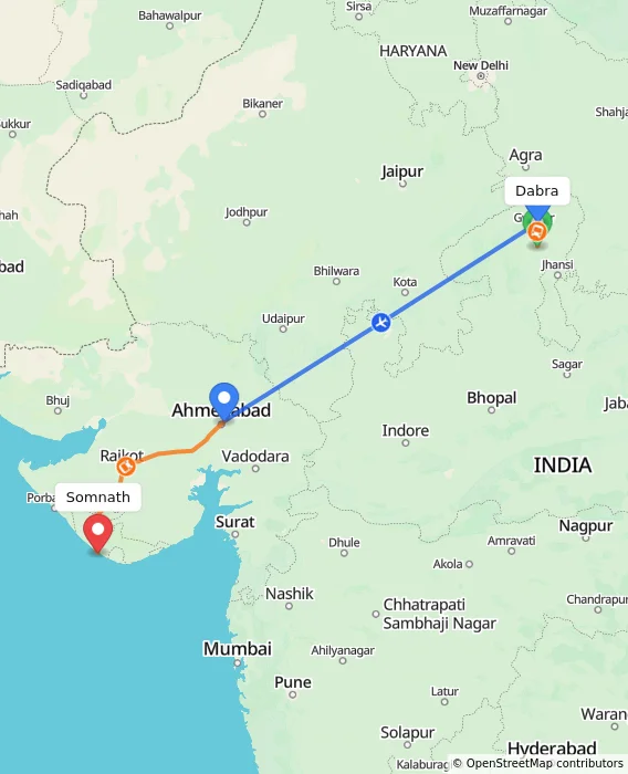 Route map showing distance and travel time from Dabra, India to Somnath, India