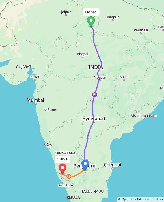 Route map showing distance and travel time from Dabra, India to Sulya, India