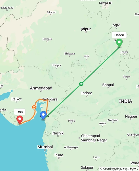 Route map showing distance and travel time from Dabra, India to Una, India