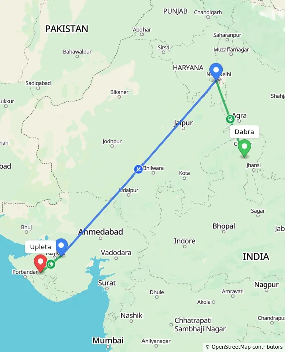 Route map showing distance and travel time from Dabra, India to Upleta, India